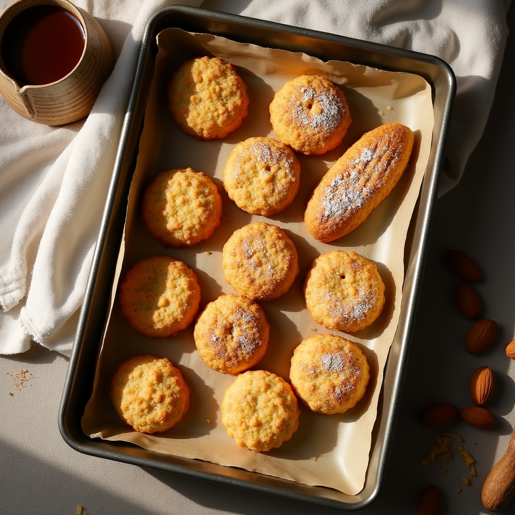 Vassoio di biscotti artigianali appena sfornati su carta da forno