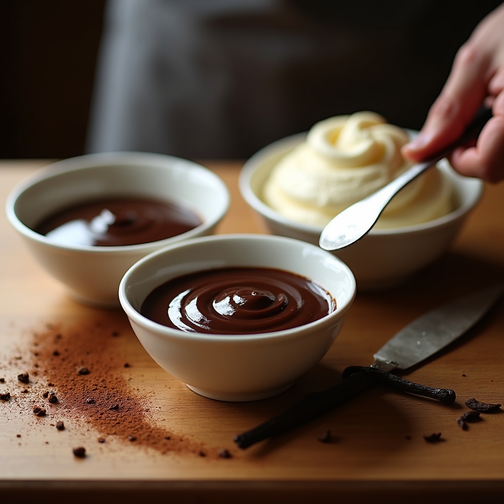 Ciotole di creme e ganache al cioccolato in cucina professionale