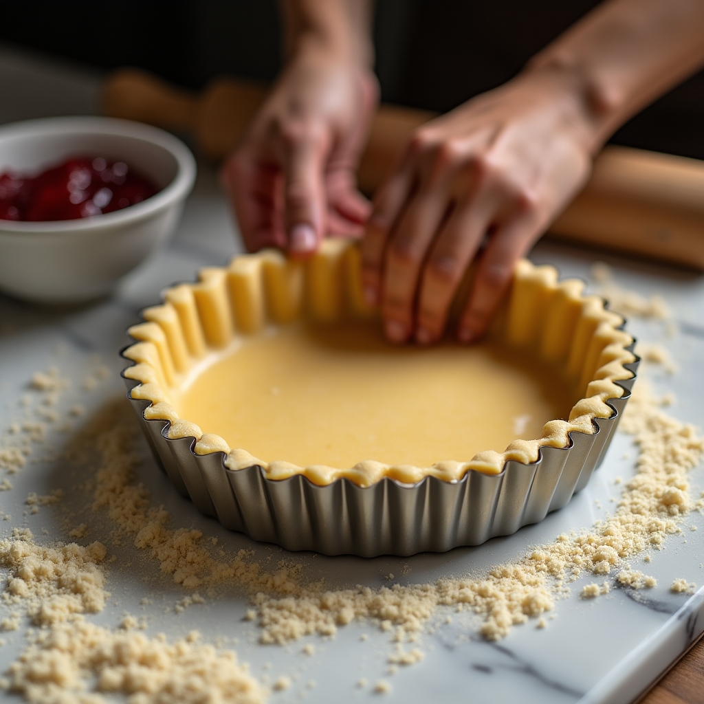 Mani che preparano una crostata artigianale con pasta frolla