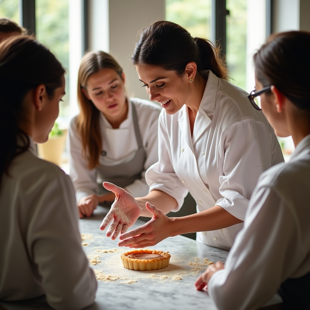 Docente di pasticceria che insegna tecniche di decorazione a un gruppo di allievi