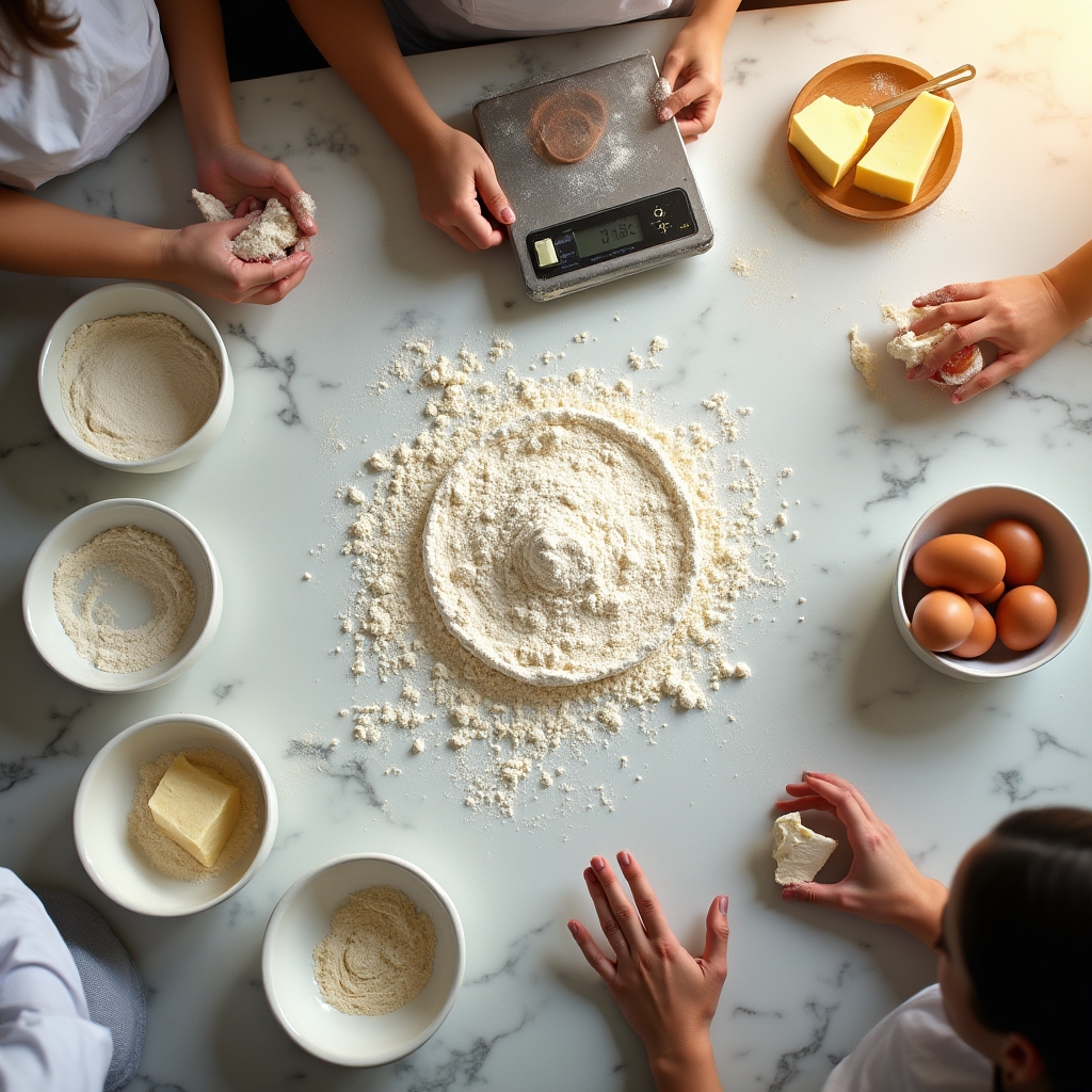 Vista dall'alto di un piano di lavoro con ingredienti per pasticceria