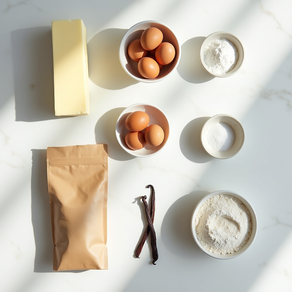 Ingredienti di pasticceria disposti ordinatamente su piano di lavoro bianco