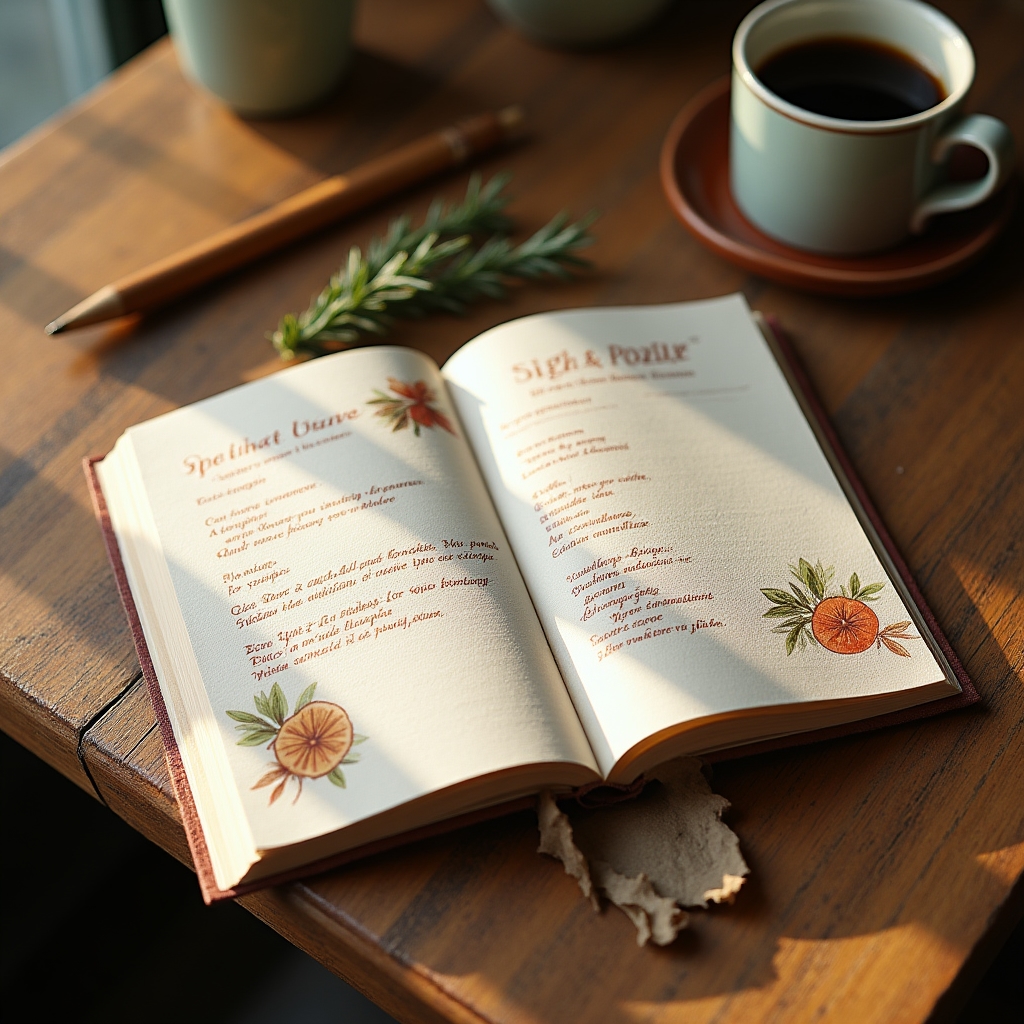 Ricettario stampato con ricette di pasticceria italiana su tavolo in legno