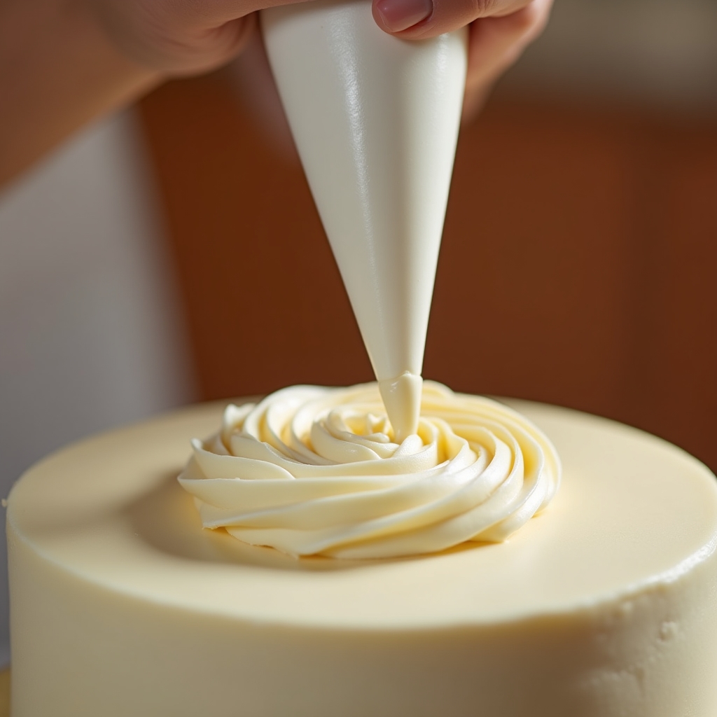 Dettaglio di decorazione con sac-à-poche su torta artigianale, mano di pasticcere al lavoro