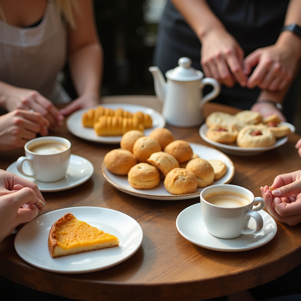 Tavola di degustazione con dolci artigianali e bevande calde alla fine di una lezione